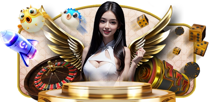 A promotional image for the Diwata Play App featuring a smiling woman with angel wings, surrounded by various casino game elements such as a roulette wheel, dice, a slot machine, and playful underwater characters like pufferfish and a rocket. The image highlights the diverse and entertaining games available on the app. Diwata Play App.