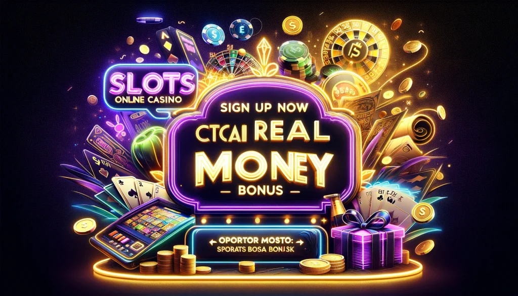 A promotional image for Diwata Play Free Bonus featuring neon signs with 'Slots Online Casino' and 'Sign Up Now Real Money Bonus.' The image is decorated with casino elements such as poker chips, playing cards, slot machines, and a gift box, emphasizing the exciting real money bonuses available. Diwata Play Free Bonus.