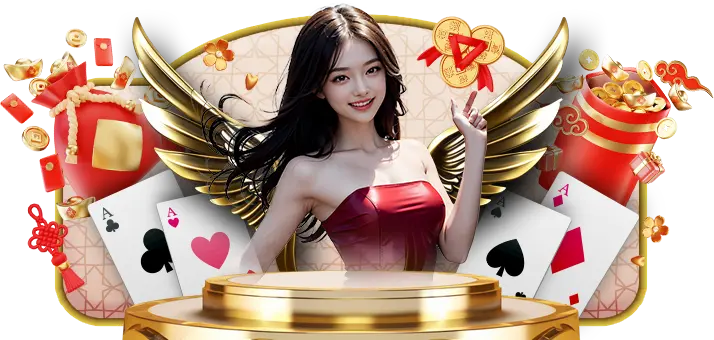 A promotional image for Diwata Play Register featuring a smiling woman with angel wings, surrounded by poker cards, gold coins, and red envelopes. The image highlights the vibrant and inviting nature of the casino's welcome bonus for new registrations. Diwata Play Register.