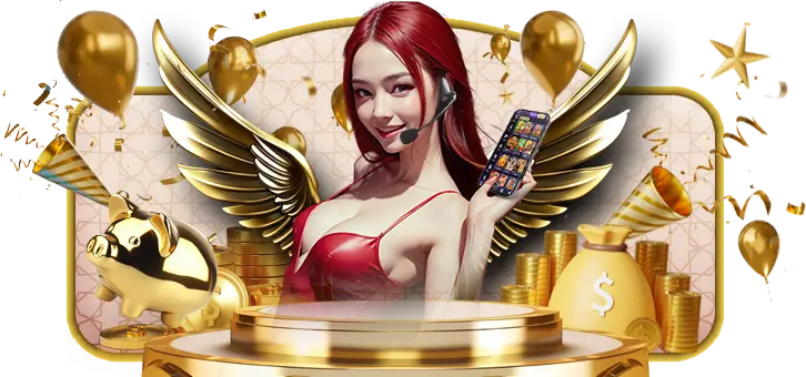 A promotional image for Diwata Play Register featuring a smiling woman with red hair and angel wings, holding a smartphone displaying the Diwata Play app. The background includes gold balloons, coins, a piggy bank, and festive decorations, highlighting the excitement of registering and winning big. Diwata Play Register.