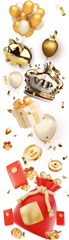 A promotional image for Diwata Play Free Bonus featuring a vertical arrangement of celebratory items, including gold and white balloons, a gold piggy bank, a VIP crown, a gift box, and red envelopes, all symbolizing rewards and special bonuses. The image emphasizes the exclusive benefits and festive atmosphere. Diwata Play Free Bonus.