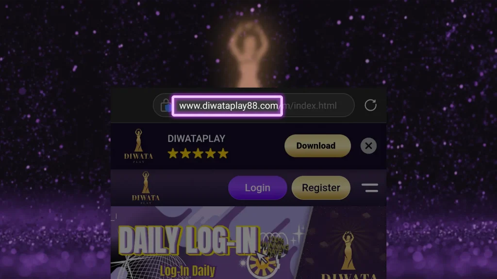 Screenshot of the Diwata Play App homepage showing the URL 'www.diwataplay88.com,' with download and register options, and a banner promoting the 'Daily Log-In' feature.