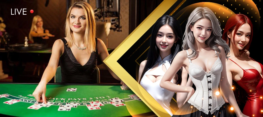 A promotional image for Diwata Play Free Bonus featuring a live casino dealer on the left, dealing cards at a blackjack table, and three glamorous women on the right, highlighting the engaging and luxurious casino experience. Diwata Play Free Bonus.