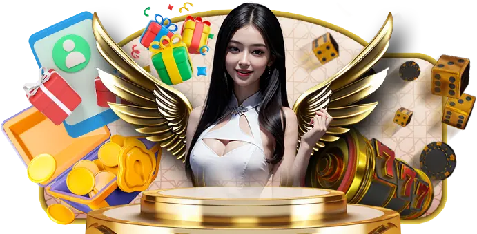 A promotional image for Diwata Play Register featuring a smiling woman with angel wings, surrounded by colorful gifts, coins, and casino elements such as dice and slot machines. The image highlights the exclusive login bonuses and rewards available to new registrants. Diwata Play Register.