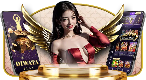 A promotional image for the Diwata Play App featuring a smiling woman with angel wings, flanked by two mobile phones displaying the Diwata Play app interface with casino slots and promotions. The image emphasizes the accessibility and excitement of using the app. Diwata Play App.