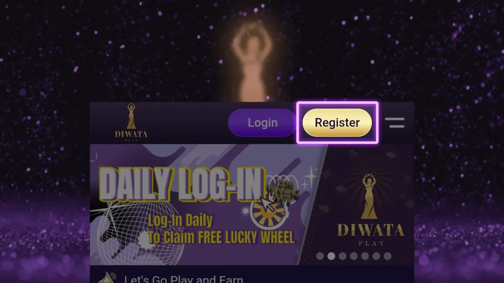 The "Register" button is highlighted in gold and purple on a dark background, standing out prominently on the Diwata Play website. Beside it is a "Login" button. The background features a glowing female silhouette above, and a banner promoting daily log-ins and a free lucky wheel.