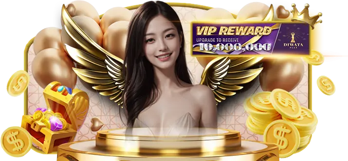 A promotional image for Diwata Play Register featuring a smiling woman with angel wings, surrounded by gold balloons, coins, and a treasure chest. A banner at the top advertises the VIP reward program, encouraging users to upgrade for exclusive benefits. Diwata Play Register.