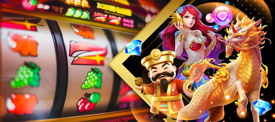 A promotional image for Diwata Play Free Bonus featuring a slot machine with colorful fruit symbols on the left, and a collection of fantasy characters on the right, including a god of wealth, a mermaid, and a golden dragon with sparkling gems. The image showcases the exciting and magical elements of the gaming experience. Diwata Play Free Bonus.