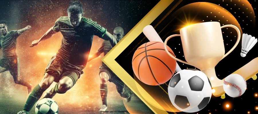 A promotional image for Diwata Play Free Bonus featuring soccer players in action on the left and various sports equipment, including a basketball, soccer ball, badminton shuttlecock, and a trophy on the right. The image highlights the excitement of sports and potential rewards. Diwata Play Free Bonus.