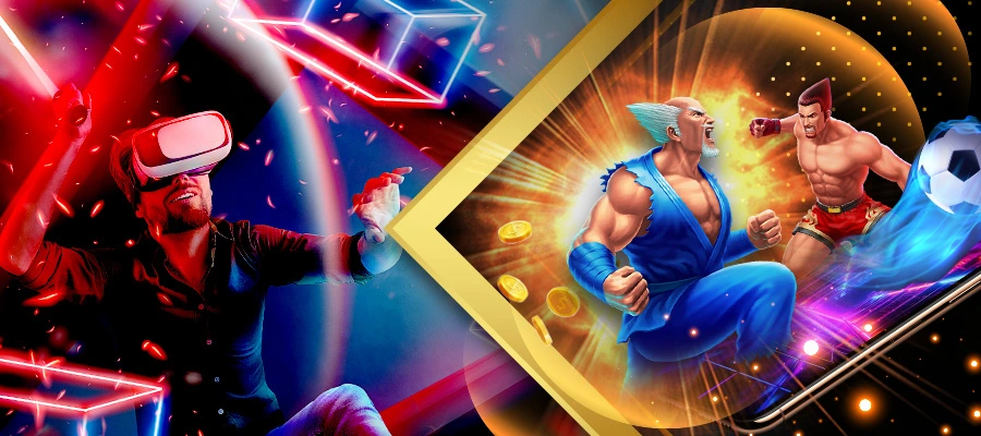 A dynamic promotional image for Diwata Play Free Bonus featuring a person wearing a VR headset on the left and two fighting game characters on the right, with a soccer ball and gold coins in the background. The image captures the excitement and variety of gaming experiences available. Diwata Play Free Bonus.