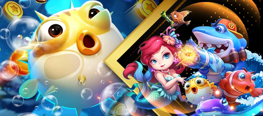 A promotional image for Diwata Play Free Bonus featuring an underwater adventure game. The left side shows a surprised pufferfish surrounded by bubbles and gold coins, while the right side depicts a mermaid, a shark, and various colorful fish engaging in a playful scene. The image emphasizes the fun and vibrant gaming experience. Diwata Play Free Bonus.